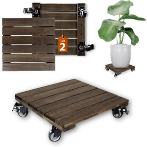 2PCs 12 INCH Wood Plant Caddy with Wheels, Rolling Plant Stand Heavy Duty, 250lbs Capacity Plant Dolly, Plant Stand with 360 Lockable Wheels for Plant Pots, Square Walnut
