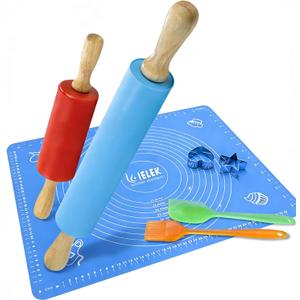 Non-Stick Rolling Pin Silicone Basting Pastry Mat Spatula Brushes Set:Combo Kit of Large and Small Dough Rollers and 2 Stainless Steel Cookie Cutters for Baking (15 Inch)