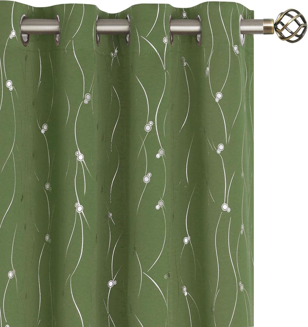 BGment Olive Green Blackout Curtains 90 Inch Length 2 Panels Set, Grommet Thermal Insulated Blackout Curtains with Wave Line and Dots Printed for Living Room, Each Panel 52 x 90 Inch
