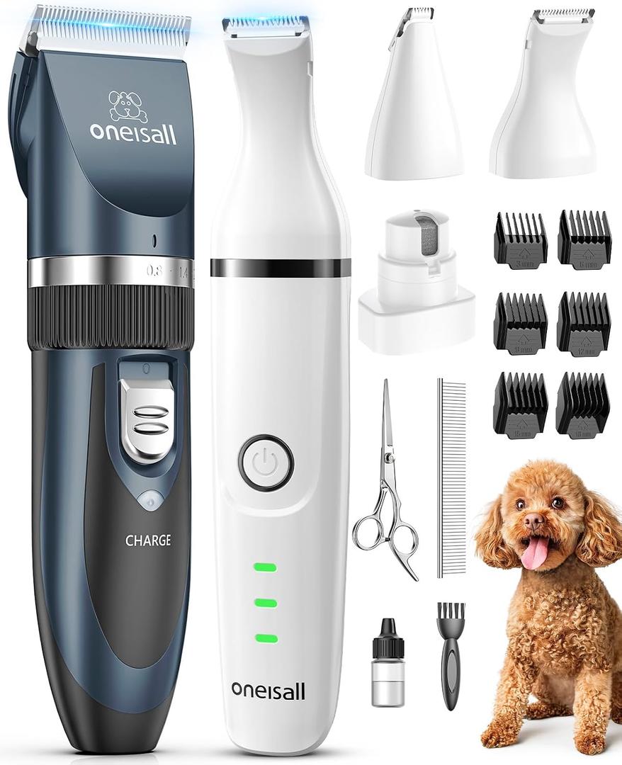 Oneisall 4 in 1 Dog Clippers and Paw Trimmer Grooming Kit, Low Noise Cordless Dog Clippers for Grooming Pet Hair Trimmers for Small and Large Dogs Cats Animals