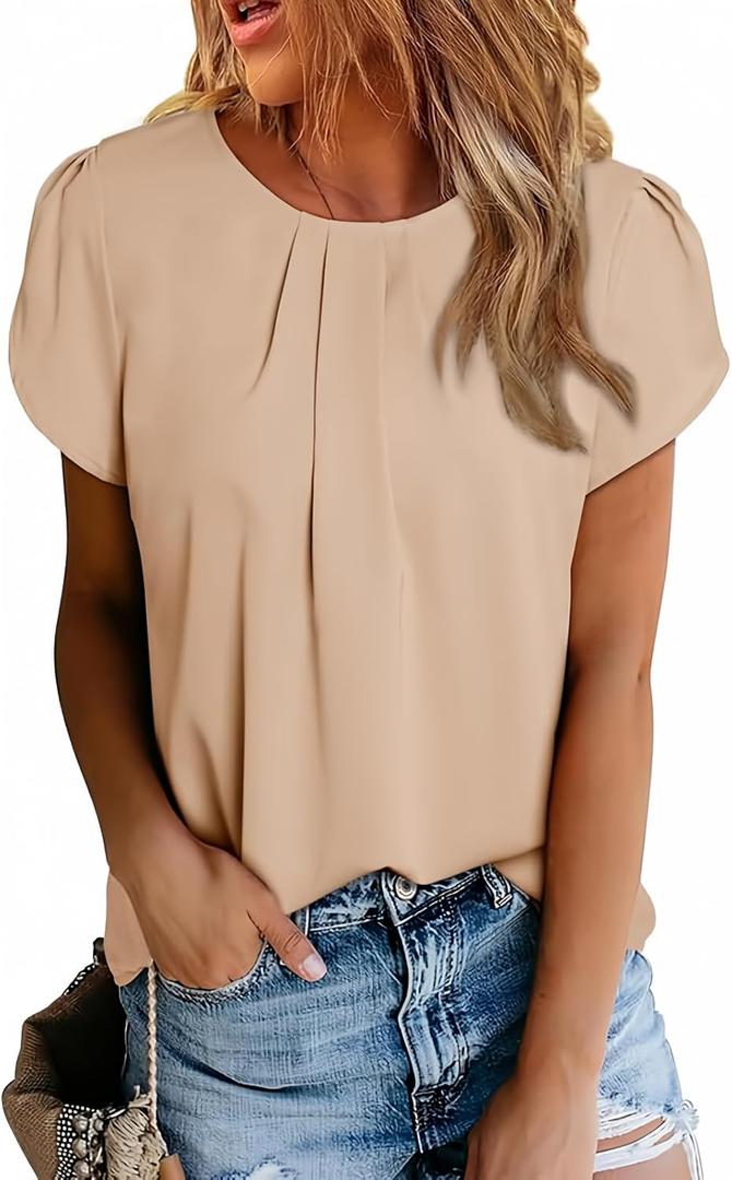 Dokotoo Women's Casual Round Neck Basic Pleated Tops Short Sleeve Loose Fit Curved Keyhole Back Chiffon Blouses Tshirts (X-Large)