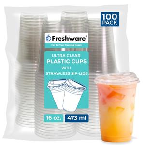 Freshware Clear Plastic Cups with Strawless Sip Lids [100 Cups - 16 oz] Disposable Cup for Iced Coffee, Smoothie, Milkshake, Cold Drinks