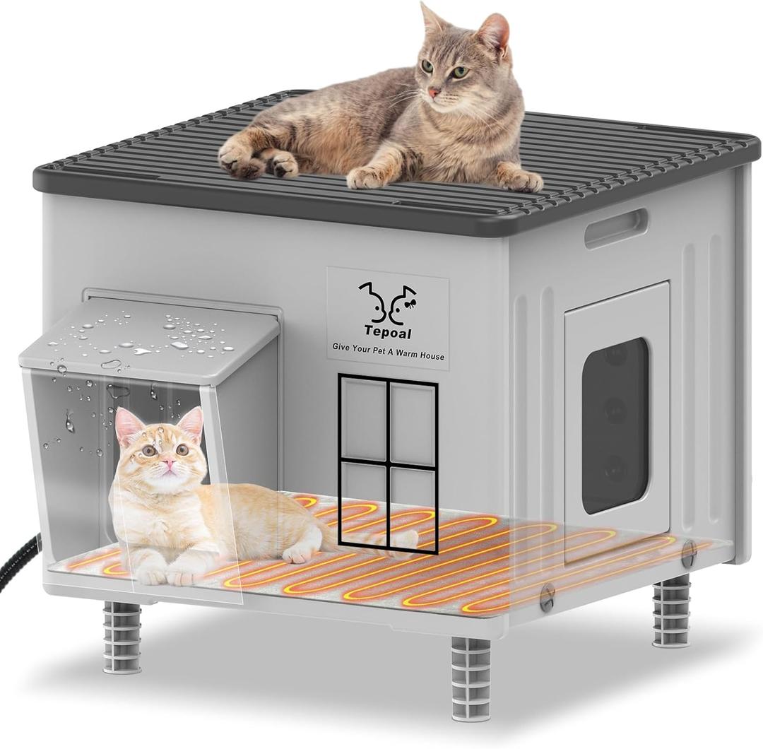 Tepoal Plastic Heated Cat House for Outside Winter, Weatherproof Outside Cats Shelter with Safety Escape Doors and Heating Pads, Elevated Feral Cat House for Wild and Stray Cats 17.7"x17"x17.5" (Grey)