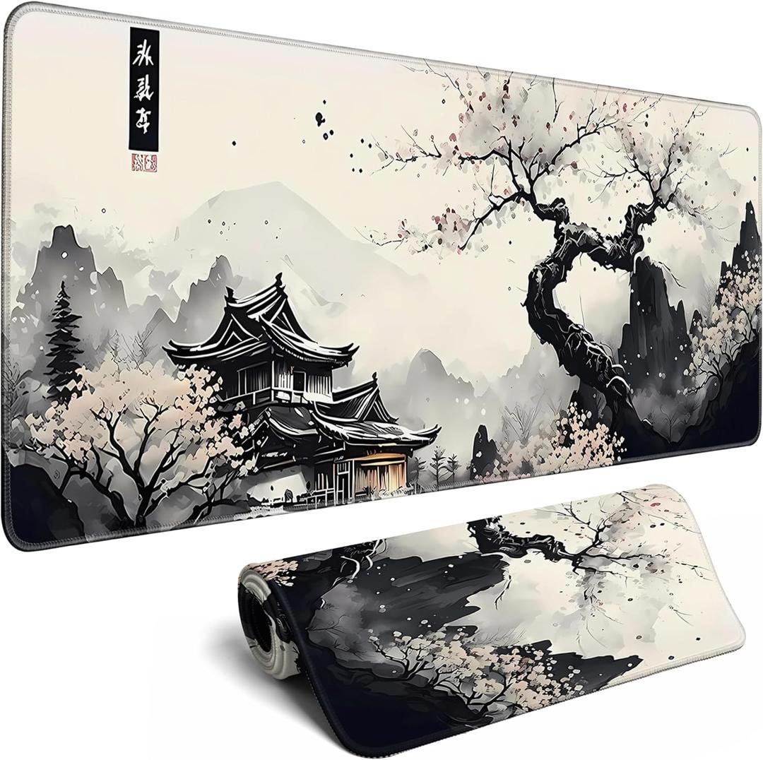 Japanese Desk Mat Cherry Blossom Large Mouse Pad Gaming Mousepad Extended XL Keyboard Mat Computer Laptop Mouse Desktop Mat 31.5 X 11.8 Desk Decor (Ink Kyoto)