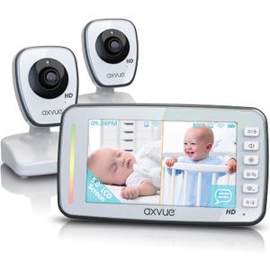 AXVUE HD Video Baby Monitor, 720P HD Image Quality, 5.0" IPS Screen Monitor & 2 Camera, Range up to 1000ft, 24 Hour Battery Life, 2-Way Talk, Split Screen, Night Vision, Temperature Monitor, No WiFi.