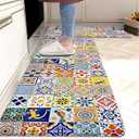 weesire Boho Kitchen Rugs Set 2 Pieces Memory Foam Colorful Ceramic Comfort Tile Floor Mat Anti Fatigue Non-Skid PVC Runner Rug Water & Oil Proof Carpet for Kitchen Laundry Sink, 17.3x28+17.3x47 Inch