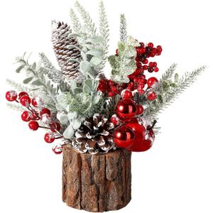 hatisan Small Christmas Tree, Artificial Christmas Tree with Christmas Ornaments Pine Cone Berry, Tabletop Christmas Tree for Christmas Decorations Home Room Party Winter Indoor Outdoor((Red-Round)