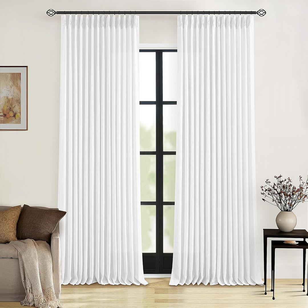 Pleated Linen White Curtains 96 Inches Long 2 Panels Set for Living Room Bedroom Neutral Farmhouse Cotton Linen Blend Back Tab Memory Shape Pinch Pleat Ceiling to Floor Window Curtain Snow White 8 Ft
