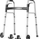 Folding Walkers for Seniors with 2 Skis and 5" Wheels, Lightweight Adult Rolling Walker, Supports Up to 350 Pounds, Adjustable Height, Aluminum Standard Walker, Black