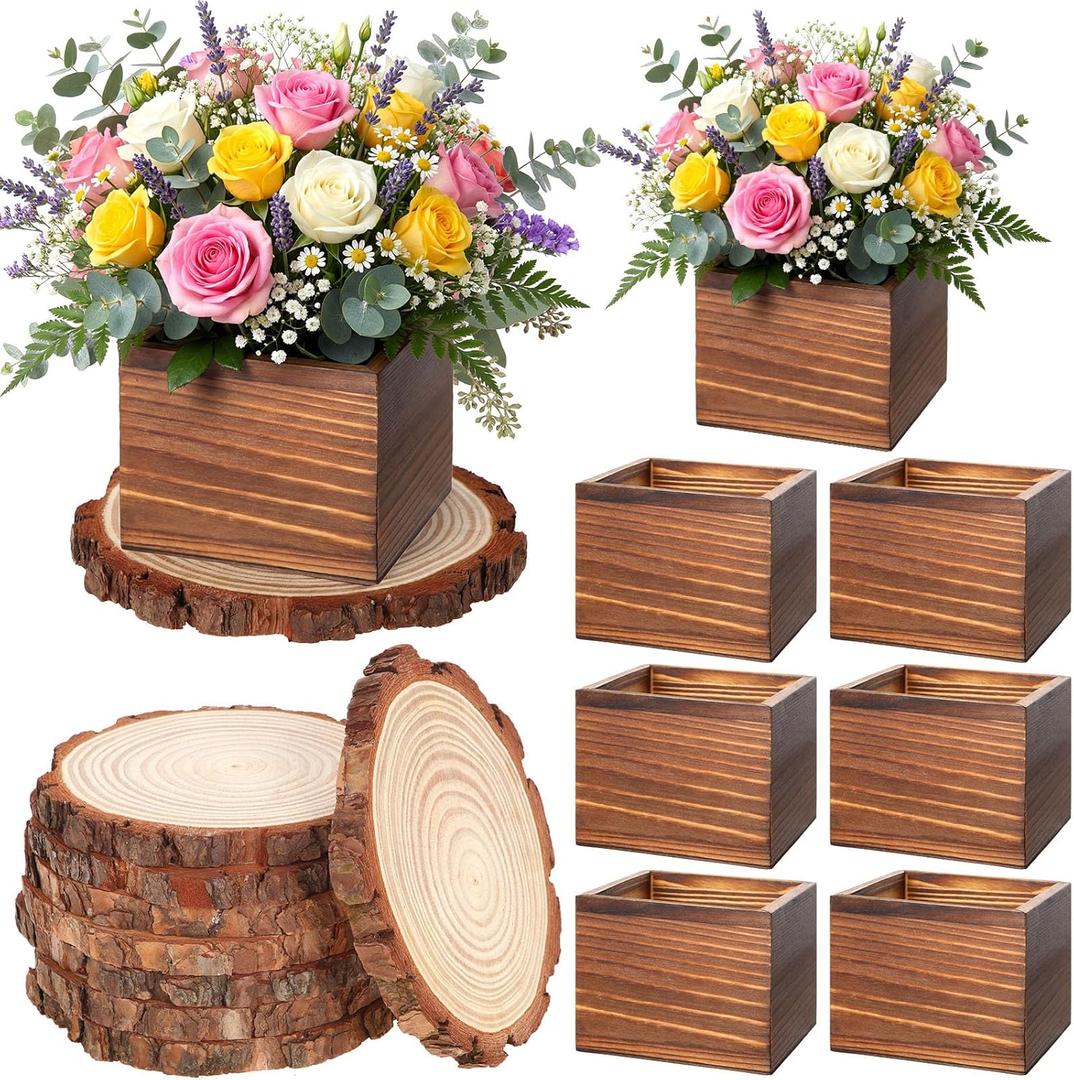 Leinuosen 16 Pcs Wedding Centerpieces Decor Set 8 x 4-inch Rustic Wood Cube Planter Box with 8 x Natural Wood Slices Tabletop Floral Arrangements for Baby Shower Home Garden Decorations(Brown)