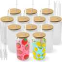 Joyclub 12 Pack Sublimation Glass Cups Blanks with Bamboo Lid 16 OZ Frosted Glass Beer Cans Mason Jar for Iced Coffee Juice Soda Drinks