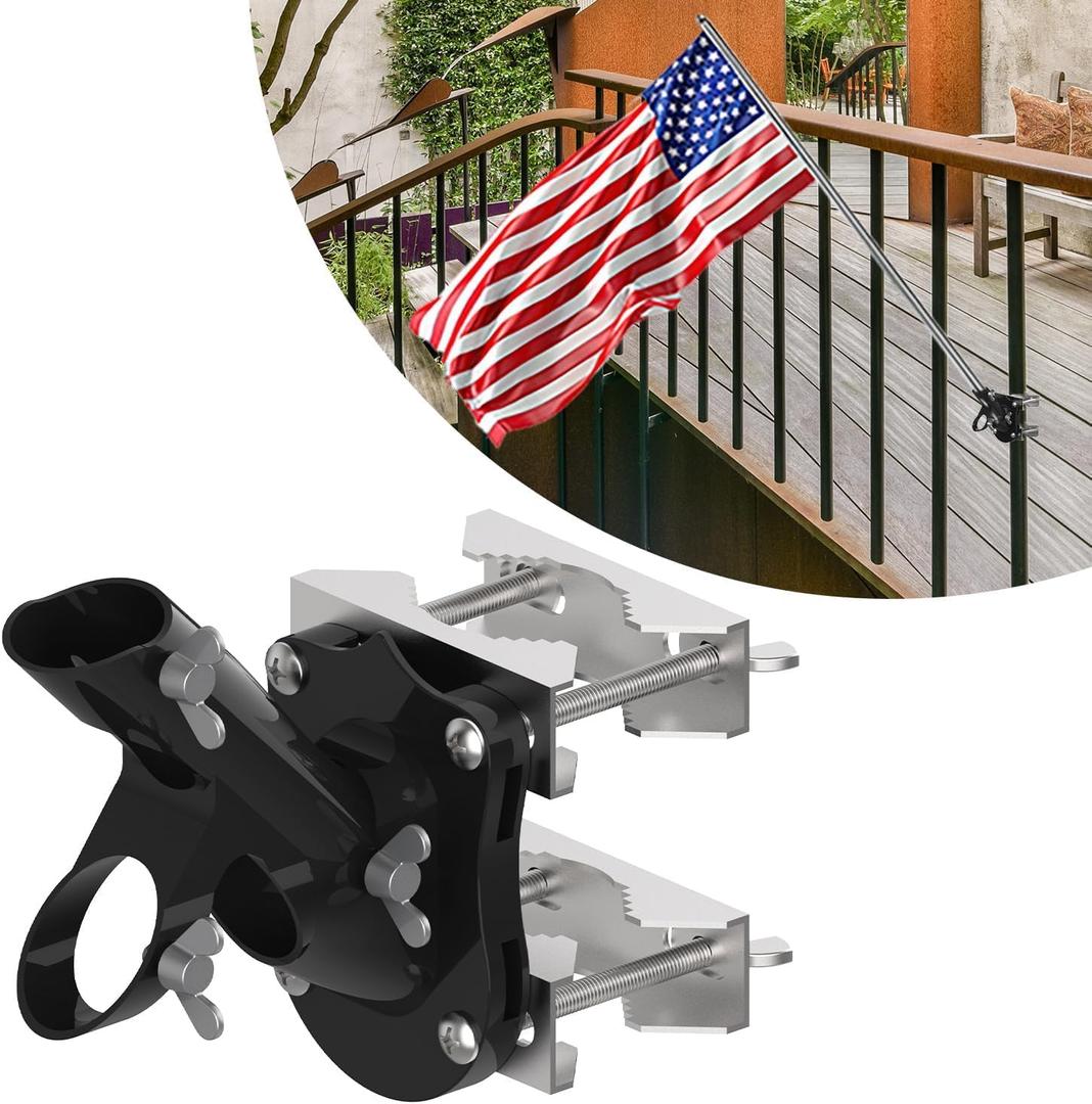 BUJ No-Drill Flag Pole Holder for Railing - Versatile Mount for Porch, Fence Rail, and Apartment Balcony - Fits 1" Flagpole - Two Installation Angles (45 & 90) (Black)