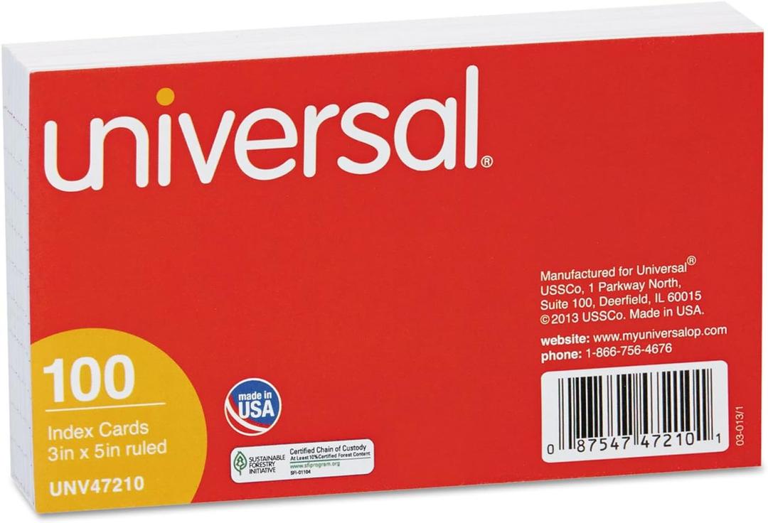 Universal 47210 Ruled Index Cards, 3 x 5, White, 100/Pack