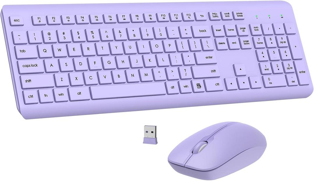 Wireless Keyboard and Mouse Combo, Full Size Silent Ergonomic Keyboard and Mouse, Long Battery Life, Optical Mouse, 2.4G Lag-Free Cordless Mice Keyboard for Computer, Mac, Laptop, PC, Windows(Purple)