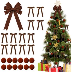 25 Pcs Brown Velvet Tree Topper Christmas Ornaments Include Large Christmas Bows Tree Topper 12 Xmas Velvet Balls 12 Brown Bows for Xmas Holiday Door Fireplace Wall Party Decor