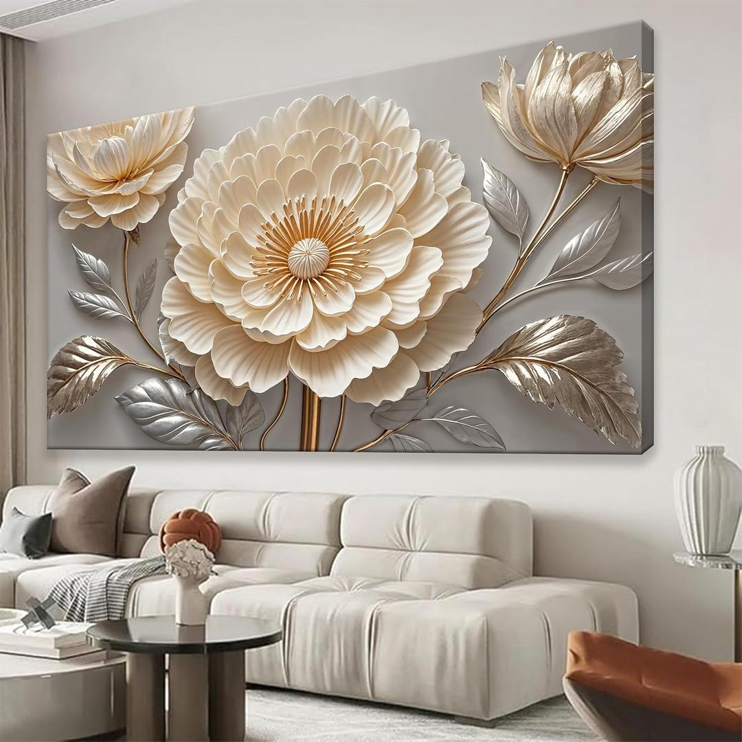 QSQ White Wall Art Painting Minimalist Canvas Wall Art Decor White Flower Leaf Beige Canvas Flower Aesthetic Wall Decor Artwork Print Paintings Botanical Office Home Wall Decoration 20" X 40" 