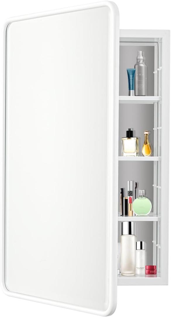 White Bathroom Medicine Cabinet with Mirror 17 x 27 Metal Frame Recessed Or Wall Mounted Single Door Storage Medicine Cabinets with Adjustable Shelves Rounded Corner Beveled Mirrors