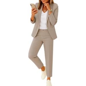 Pant Suits for Women Dressy 2025 Business Blazer and Elastic High Waist Straight Leg Pants Work 2 Piece Outfits (Large, Khaki)