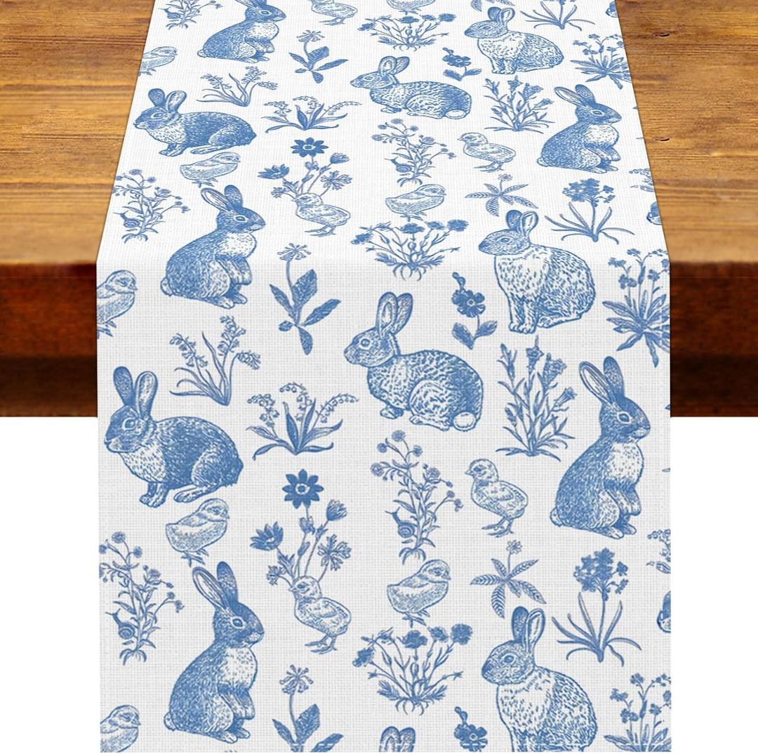 Chinoiserie Easter Table Runner Retro Blue White Bunny Flower Spring Holiday Party Decoration Home Kitchen Dining Room Table Decor