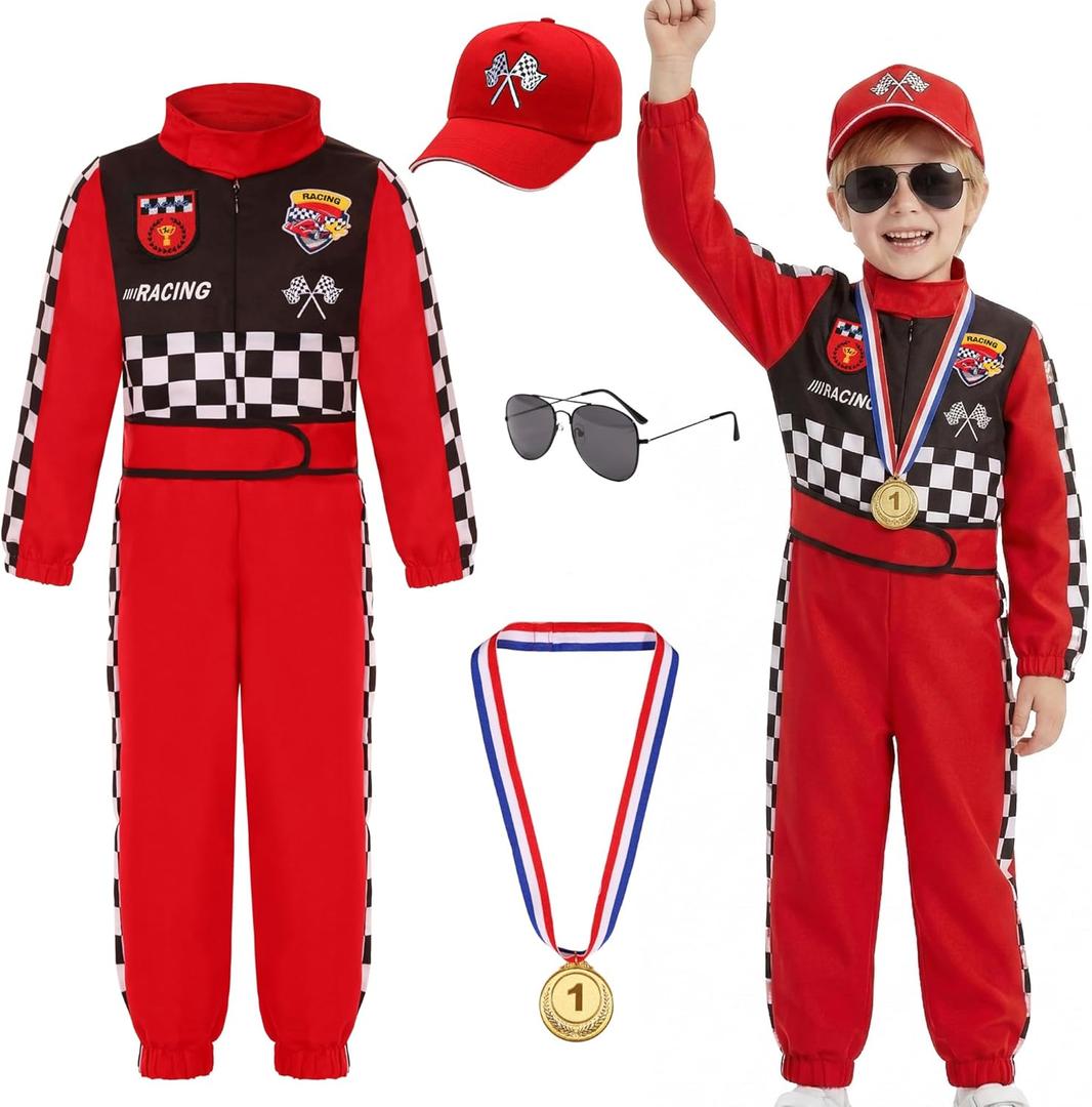 Race Car Driver Costume for Boys Racer Jumpsuit with Car Cap for Halloween Dress Up