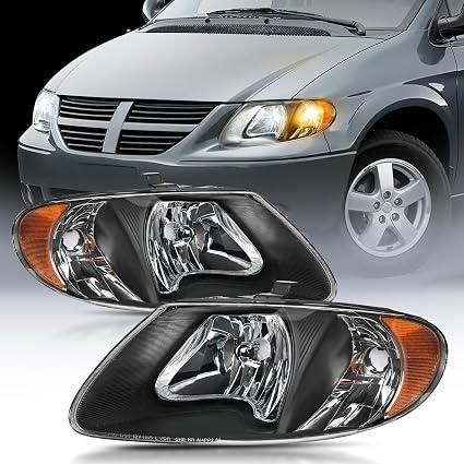Nilight Headlight Assembly for 2001 2002 2003 2004 2005 2006 2007 Chrysler Town & Country 2001-2003 Voyager 2001-2007 Dodge Grand Caravan Replacement Black Housing Amber Reflector