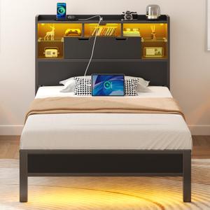 Rolanstar Twin Bed Frame with Headboard, LED Bed with Bookcase Storage and Charging Station, Metal Platform Bed with Glass Shelves, No Box Spring Needed, Noise-Free, Black