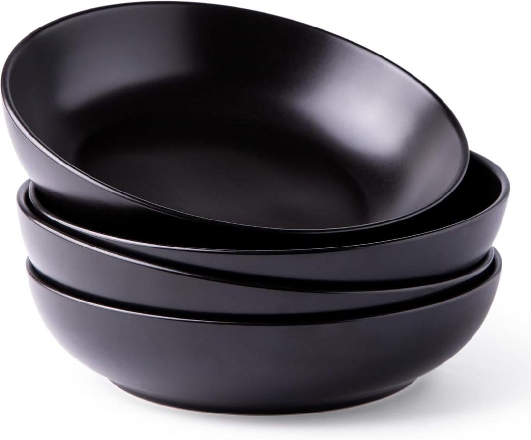 AmorArc 8.5 Inch Stoneware Pasta Bowls, 32oz Large Bowls Set of 4 for Kitchen, Wide Bowls for Pasta,Salad,Oatmeal, Microwave&Dishwasher Safe, Matte Black