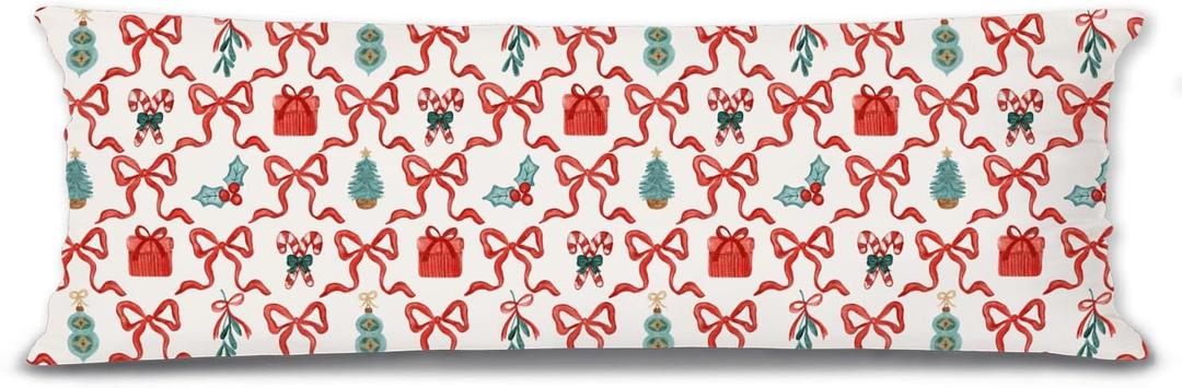 Mancheng-zi Coquette Red Bow Christmas 20x54 Body Pillow Cover Pillowcase with Zipper, Preppy Girly Christmas Decor, Retro Xmas Candy Cane Bow Trellis Decorative Long Hug Pillow Cases for Bed Couch