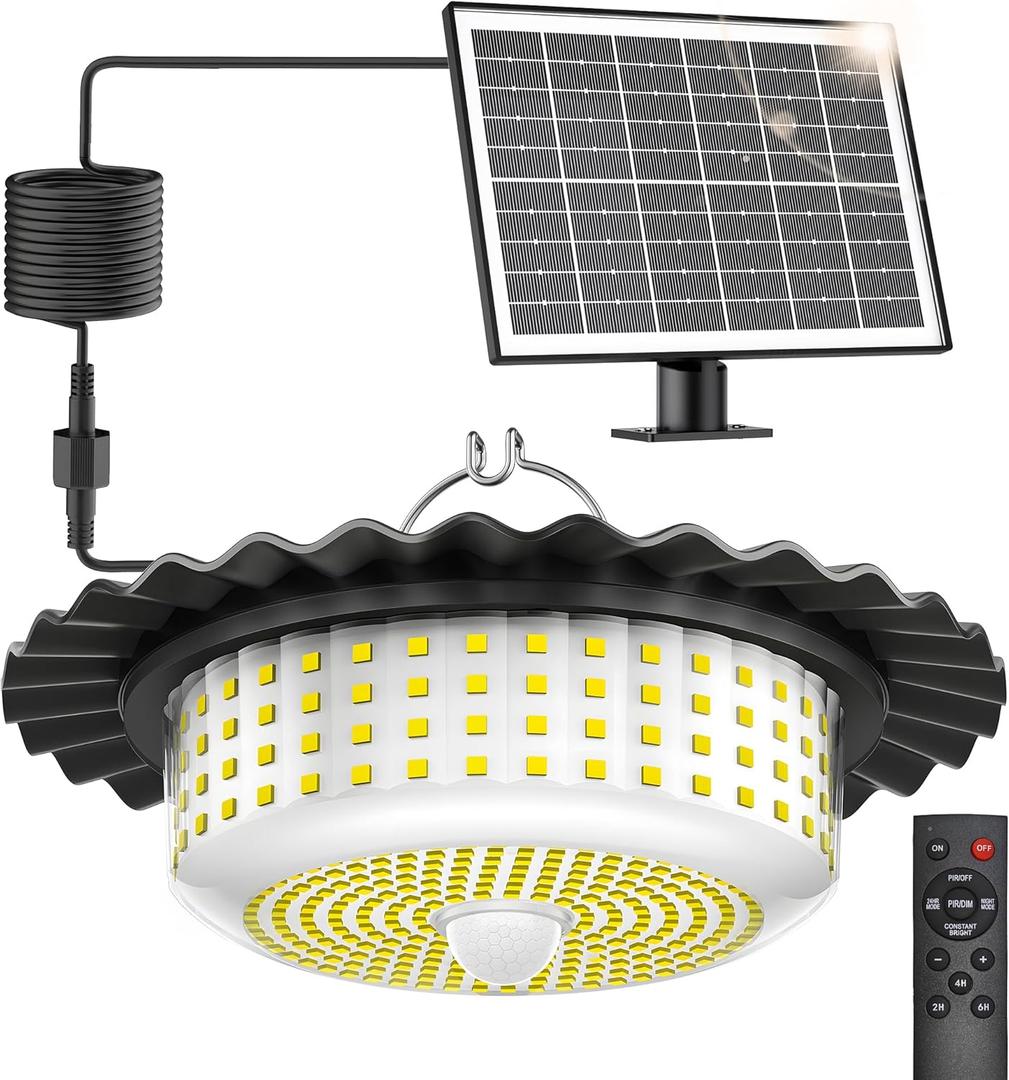 Solar Lights Outdoor Waterproof,396 LED Solar Shed Light Indoor Outdoor with Remote Control,Timer, Solar Pendant Light 5 Modes,Solar Powered Barn Lights for Chicken Coop,Gazebo,Garage,Shop (Black)