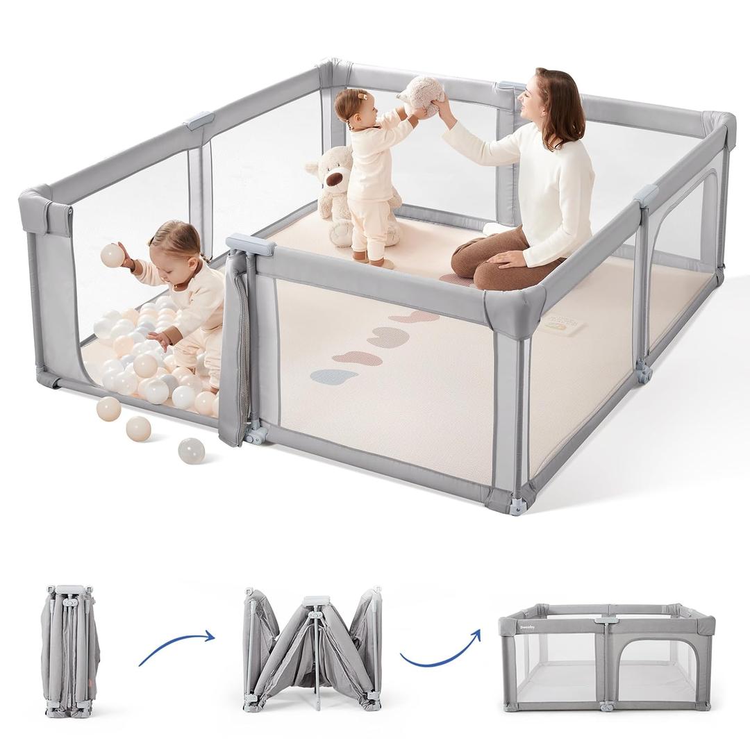 Sweeby Baby Playpen, 59x59 Inch Gate Foldable for Babies and Toddlers, Extra Large with Door Play Yard for Fence Indoor and Outdoor, Gray