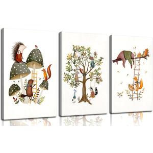 3Pcs Woodland Safari Animals Nursery Canvas Wall Art Baby Jungle Small Animal Wall Decor Pictures Tree Bear Rabbit Fox Hedgehog Kids Posters Prints for Classroom Children Bedroom Decoration