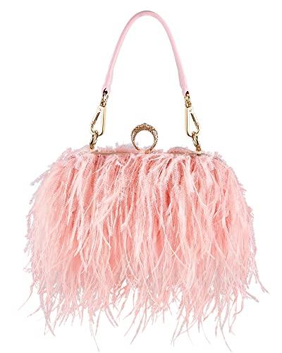 Tessco Women Ostrich Feather Tote Bag Fluffy Purse Clutch Feather Evening Handbag for Wedding (Pink)