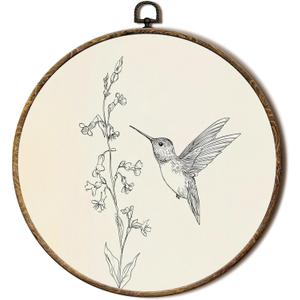 FSTCSV Vintage Hummingbird Flower Round Wall Art Framed, Hummingbird Gifts for Women Canvas Prints Wall Hanging Art, Rustic Bird Pictures Floral Circle Walls Decor for Living Room Bedroom, 10x10in