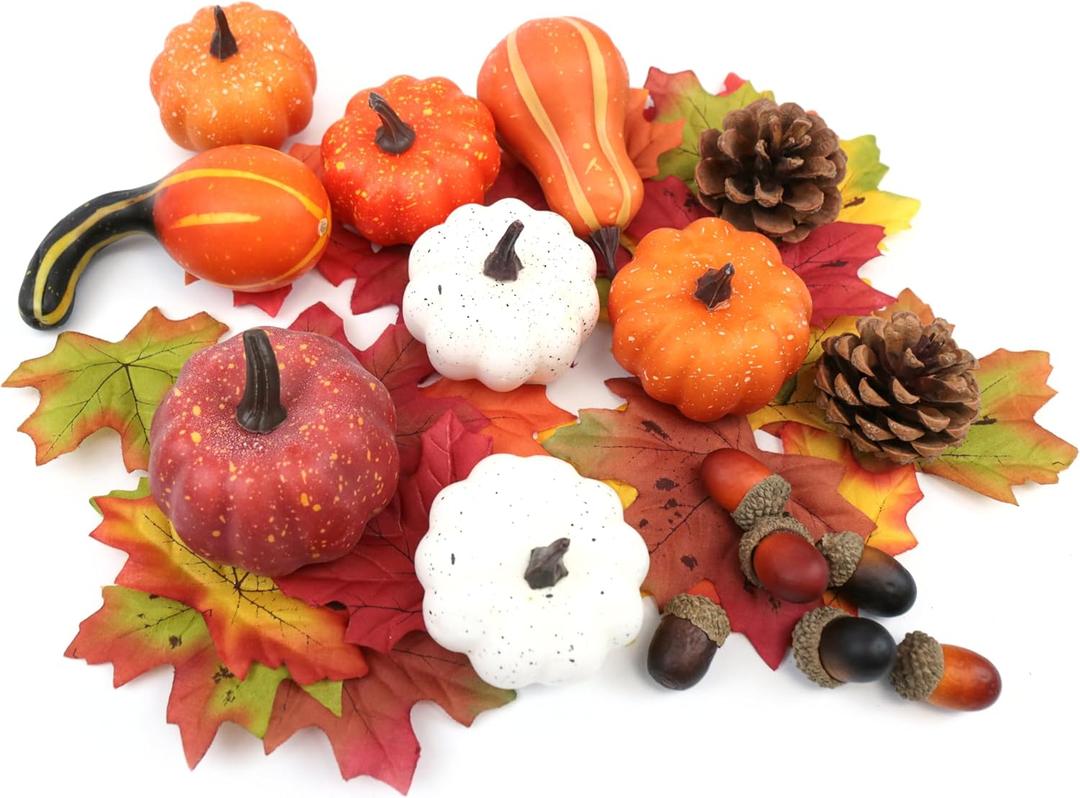 36PCS Mini Artificial Pumpkins Fall Decor Set - Realistic Small Fake Pumpkins for Decorating with Gourd Fall Leaves Acorns Pinecones for Autumn Table Centerpiece, Thanksgiving Harvest Home Decorations (Style 2)