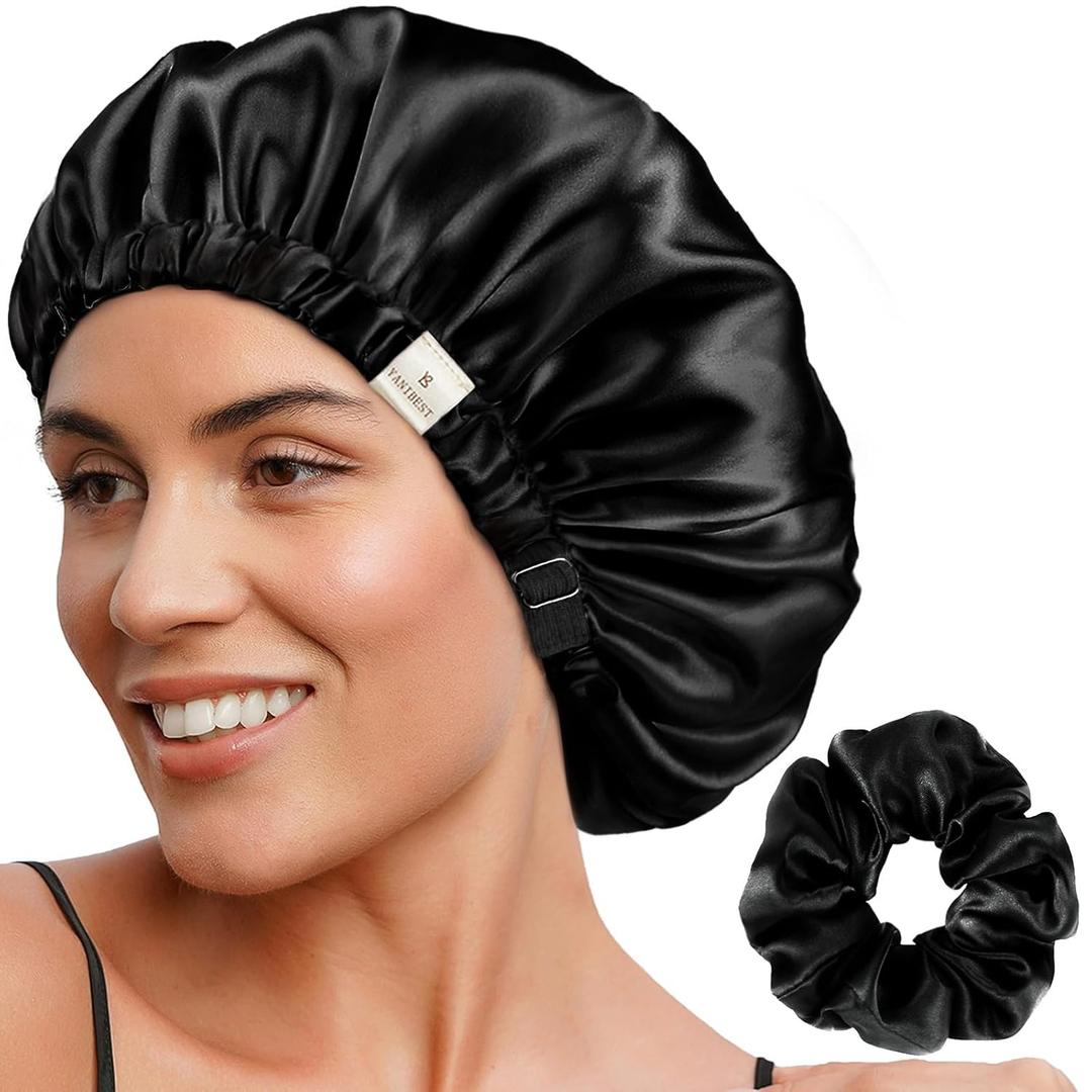 YANIBEST Adjustable Satin Bonnet Double Layer Hair Bonnet for Sleeping Bonnets for Women Hats Curly Natural Hair, Black (One Size)