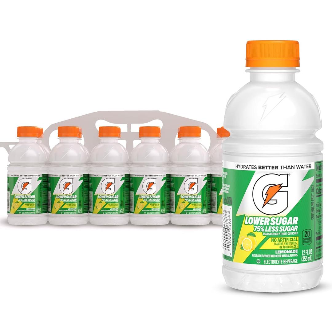 2 x Gatorade Lower Sugar Electrolyte Sports Drink, Lemonade, 12 fl oz Bottles, (12 Pack), 75% Less Sugar, No Artificial Flavors, No Artificial Sweeteners, No Artificial Colors, Hydration (EXP 11/15/26)