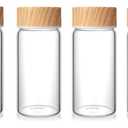 Nuogo 4 Pack Glass Bottles with Lids 12 oz Juicing Bottles Reusable Wide Mouth Glass cups Airtight Leak Proof Drinking Milk Water Tea cups for Storage (Wood)