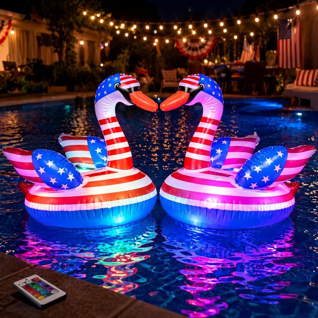 Arrowbash 2 Pack 4th of July Inflatable Swan Floating Pool Lights 19 x 16 Inch Led Patriotic Inflatable Floating Pool Lights Red White and Blue Glow in The Dark Pond Decoration for Memorial Day Party