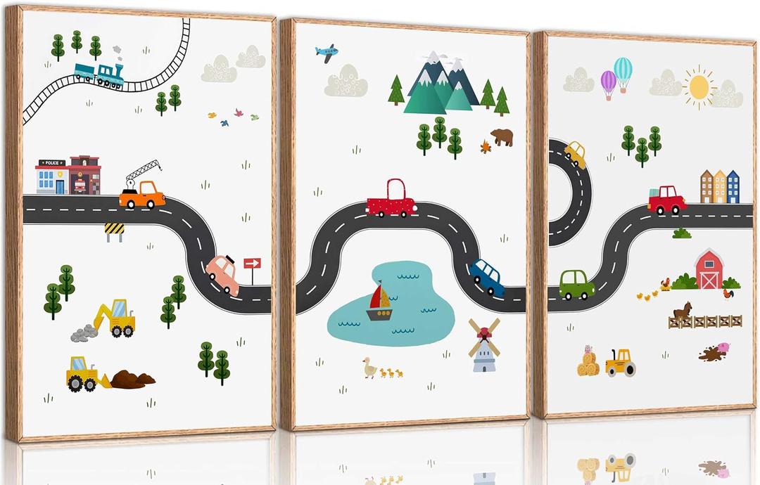3Pcs Car Nursery Canvas Wall Art Boy Cartoon Truck Urban Transport Painting Picture Wall Decor Poster Print Artwork for Kids Room Baby Room Boys Bedroom Home Decoration Unframed
