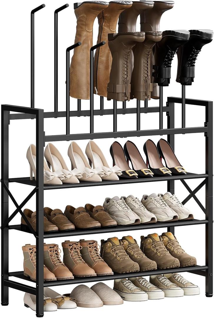 Free Standing Shoe Racks, 5-Tier Boot Rack Organizer for Tall Boots, Sneakers, High-Heel, Black Metal Shoe Storage for Dorm Room, Closet, Entryway, Hallway, Black, Holds 6 Pairs