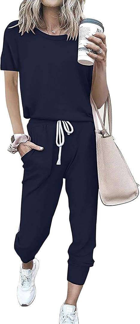 PRETTYGARDEN Women Summer Two Piece Outfits Striped Short Sleeve Pullover and Long Pants Tracksuit Travel Pajama Lounge Set (X-Large, Solid Navy)