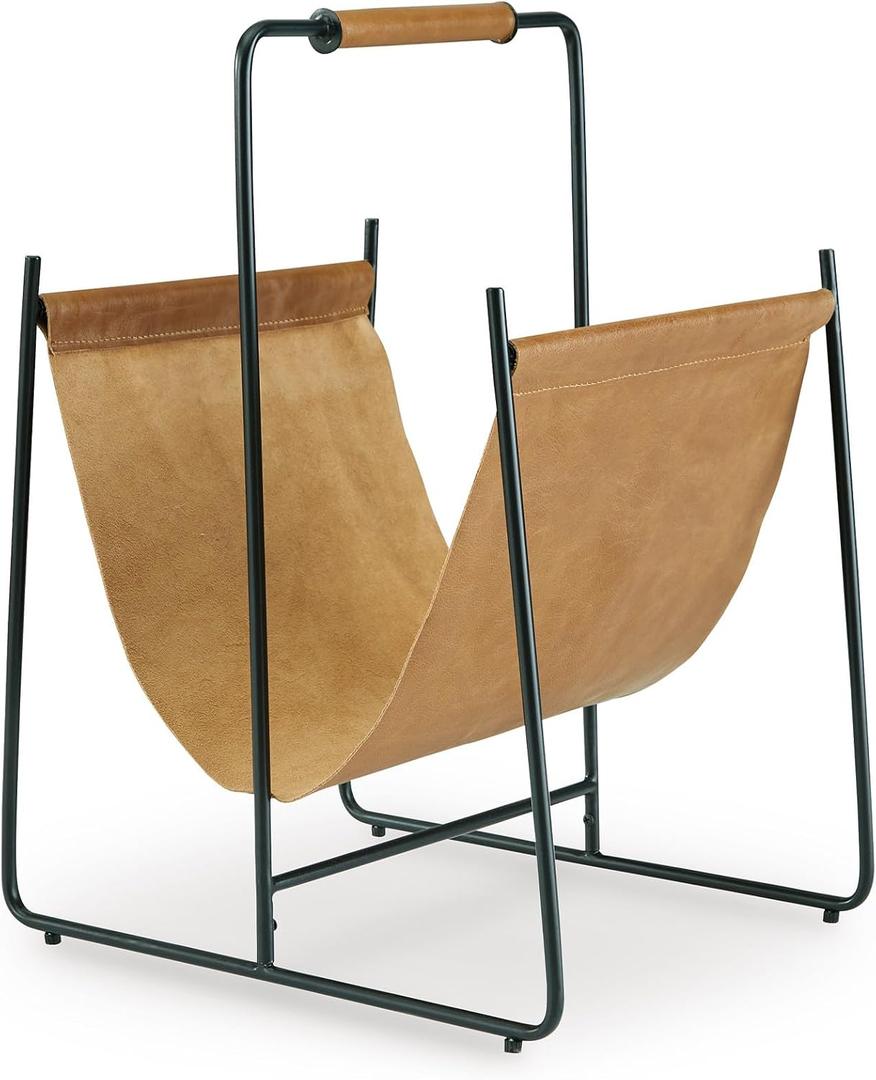 Signature Design by Ashley Faronworth Casual Leather Magazine Rack with Handle, Light Brown & Black