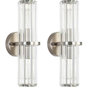 Crystal Wall Sconce Set of 2, Brushed Nickel Luxury Indoor Vanity Wall Lamp, 15.7-Inch Upper and lower illuminated Bathroom Light Fixtures, for Living Room, Bedroom, Bathroom, Hallway, Mirror, E26