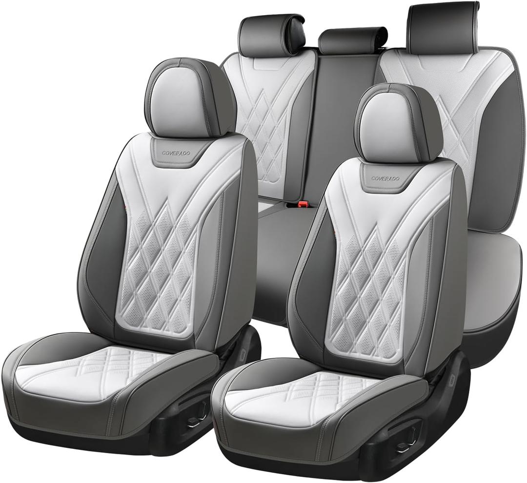 Coverado Car Seat Covers Full Set, Seat Covers for Cars, Front Seat Covers and Back Seat Cover Waterproof Leather Automotive Seat Cover, Universal Car Interior Protectors for Most Cars Light_Gray
