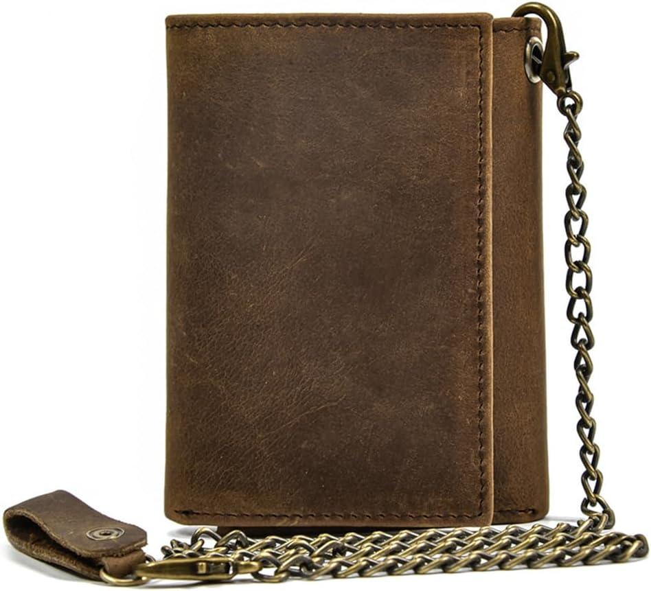 PINKPIN Mens Wallets with Chains, Genuine Leather Trifold Wallet RFID Blocking Anti-Theft Chain for Biker, Motorcycle (Brown)
