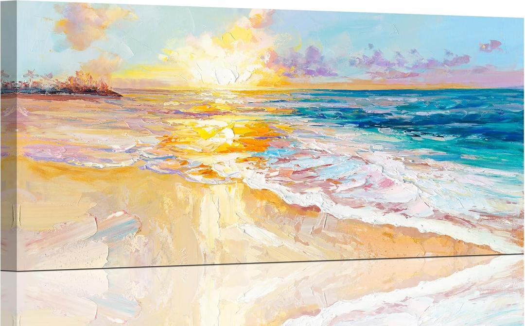 AmoyArt Beach Wall Art for Living Room, Ocean Canvas Wall-Decor for Bedroom, Sunset Picture Print for Home, Size 40x20 Inches