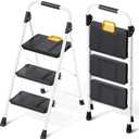 KINGRACK 3 Step Folding Ladder, 800lbs Capacity Step Stool with Safety Lock, Non-Skid Wide Pedals, and Handrail, Lightweight, Household Ladder for Home, Kitchen, Pantry, Closets, and Office Use, White