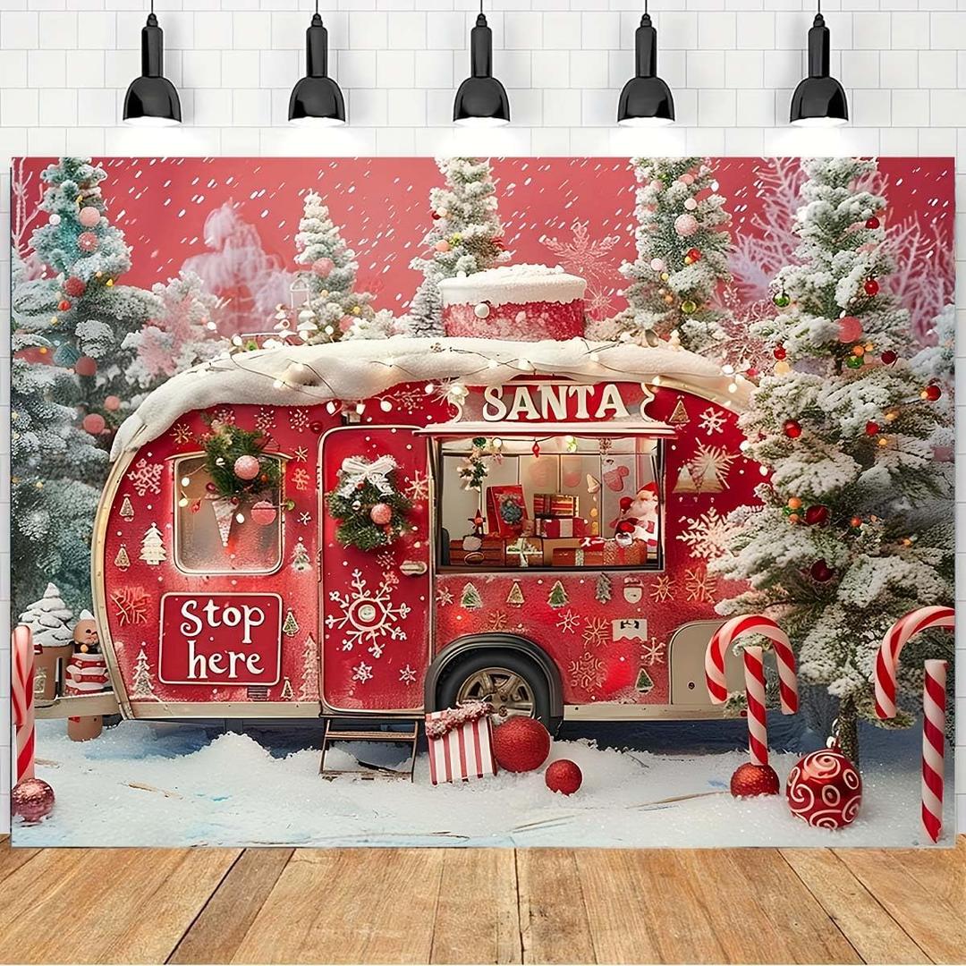 Christmas Winter Red Truck Snowscape Photography Background Merry Christmas Cane Candy Banner Decor Winter Snow Scene Merry Christmas New Year Eve Party Backdrop (5x3feet)