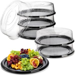 Frcctre 6 Pack 16 inch Plastic Serving Tray with Clear Lid, Heavy Duty Round Large Appetizer Serving Trays Catering Tray Party Platters for Vegetable Catering Picnic