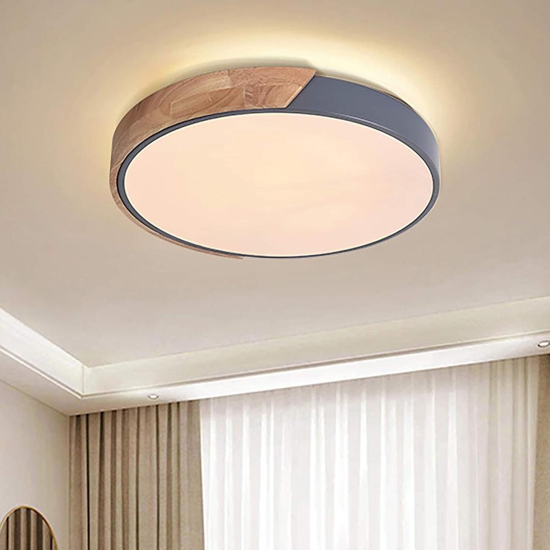 EDISLIVE Ceiling Light Dimmable 19 inch Modern Minimalist LED Round Shaped Wood & Metal & Acrylic Flush Mount Ceiling Light with Remote Control Gray, 19.68 inch
